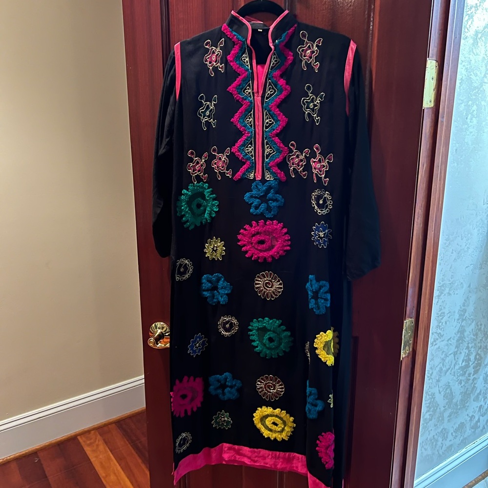 Embroidered Black Salwar Kameez/Kurta with Multicolor Accents